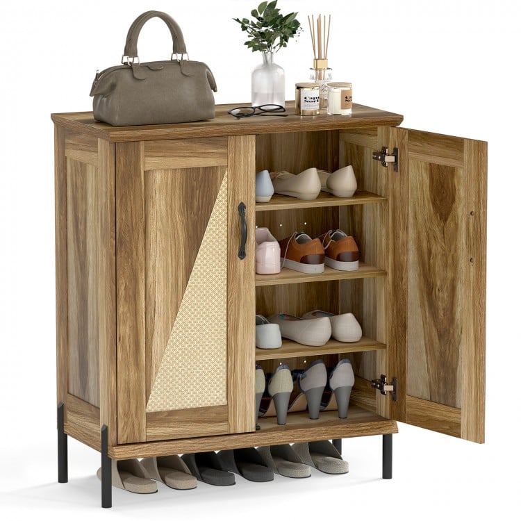 5-Tier Wooden Farmhouse Shoe Cabinet with Woven Rattan Doors-Natural