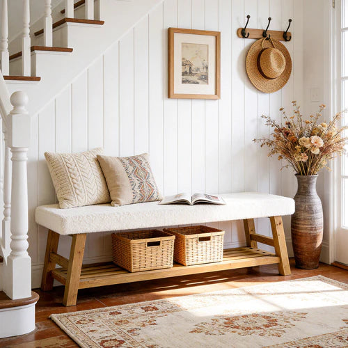 55" Upholstered Entryway Bench, 2-Tier Shoe Storage Bench with Solid Wood Frame and Cushion, White & Brown