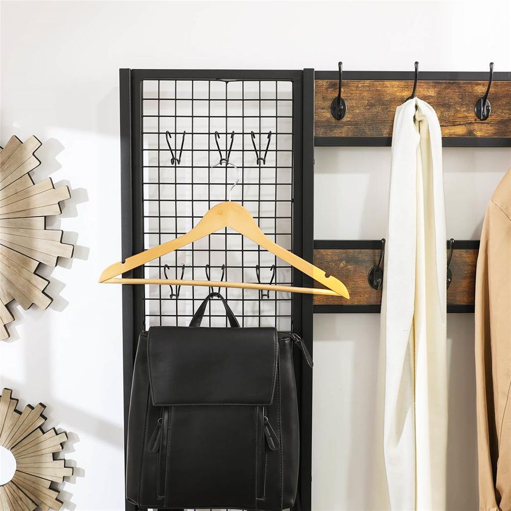 VASAGLE Industrial Coat Rack Shoe Bench with Grid Wall 