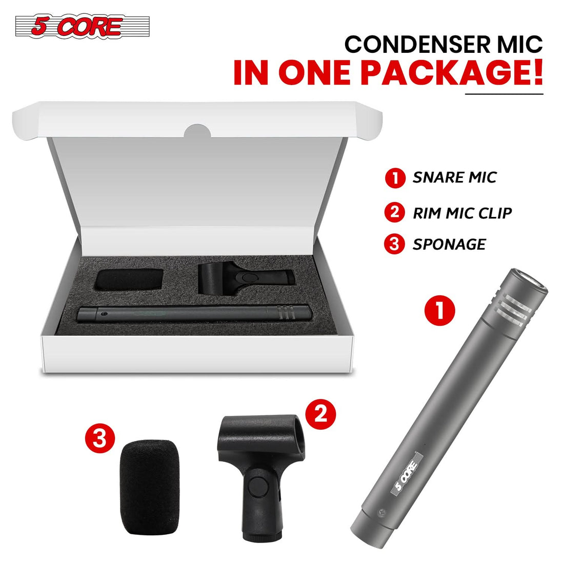 5 Core Professional Instrument Microphone - XLR Cardioid Pencil Condenser Mic in Grey Finish