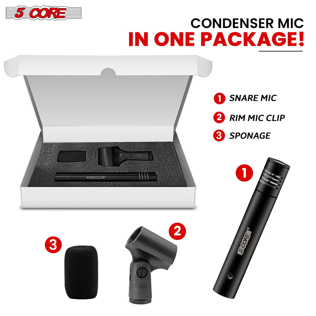 5 Core Professional Instrument Microphone - XLR Cardioid Pencil Condenser Mic, Black