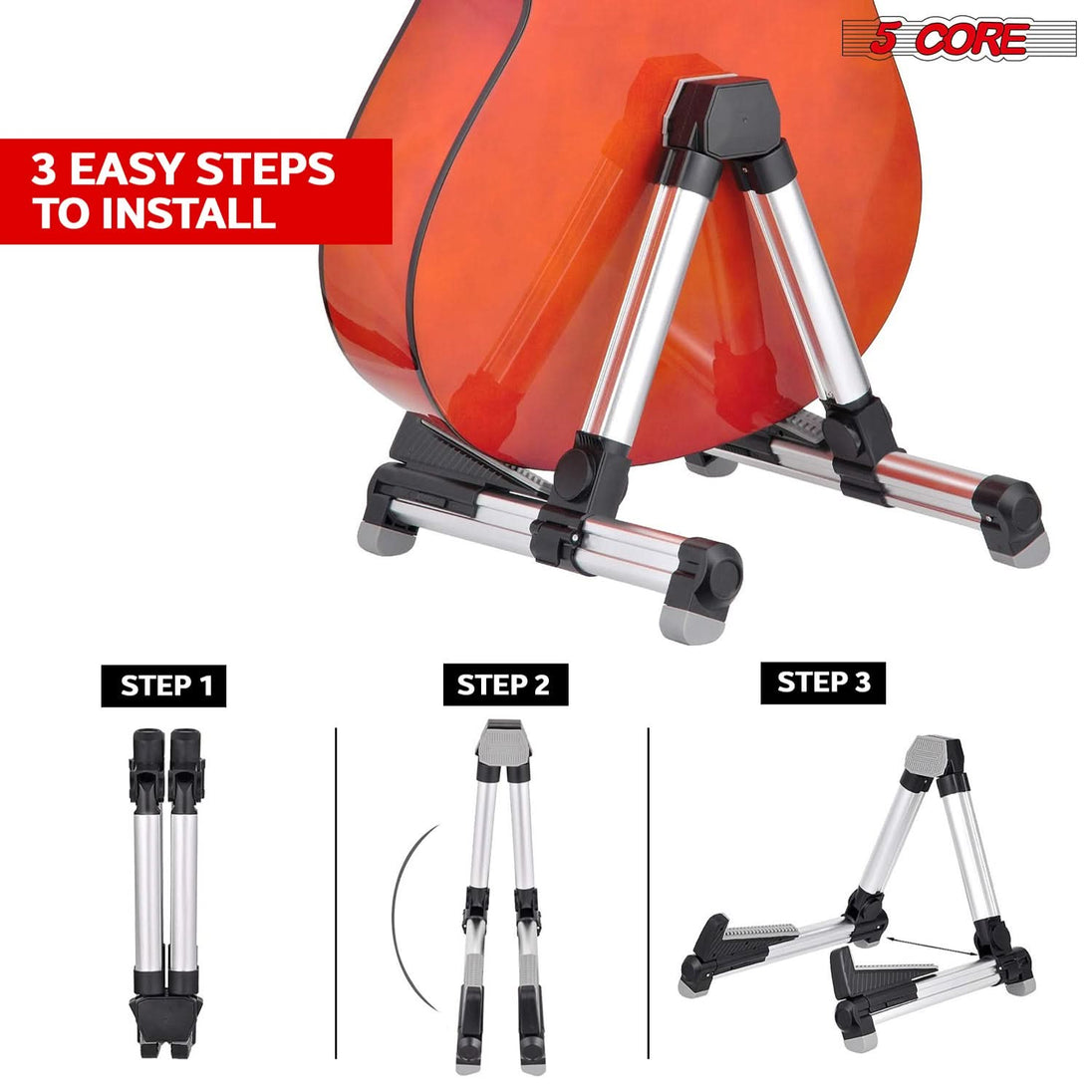 5Core Guitar Stand Floor Adjustable Aluminum A Frame Universal Folding Acoustic Electric Bass Stands SILVER