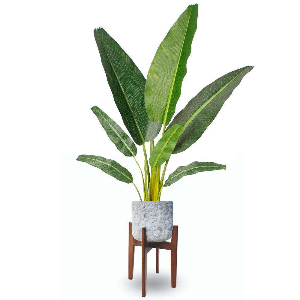 Roma Mid-Century Rock Planter With Wooden Stand 