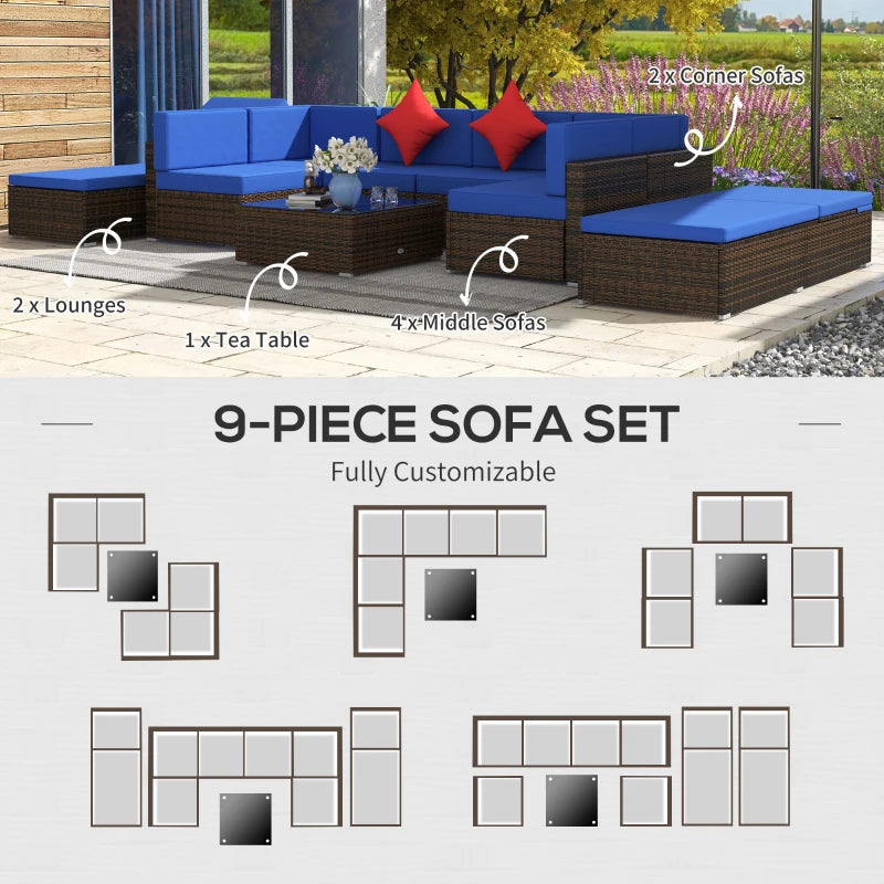 Outsunny 9 Pieces Wicker Patio Furniture Set with Cushion, Navy Blue