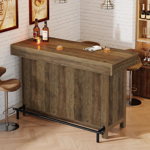 57.48" Industrial Bar Unit Counter Height Bar Table with 2-Tier Storage Shelf and Metal Footrest for Home Bar Dining Rustic Brown