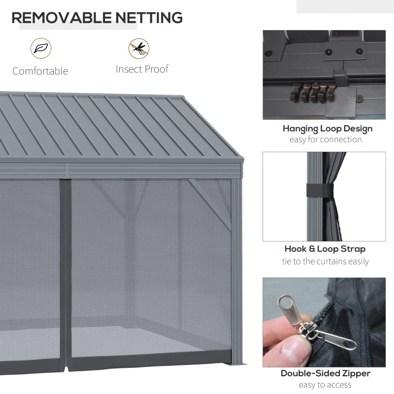 Outsunny 12' x 10' Hardtop Gazebo Steel Canopy Outdoor Pergola with Netting and Aluminum Frame for Patios, Gardens, Lawns, Dark Grey