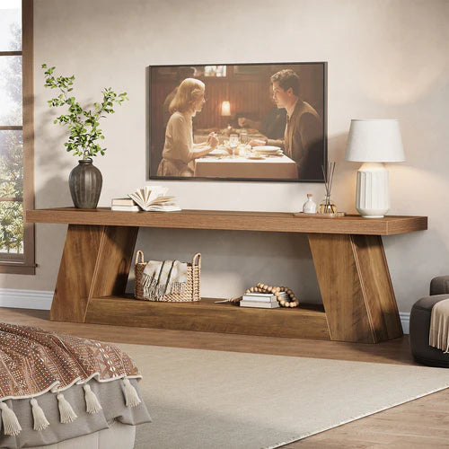 63" Farmhouse TV Stand for Up to 75" TVs, Media Console Table with 2-Tier Storage Shelves Rustic Brown