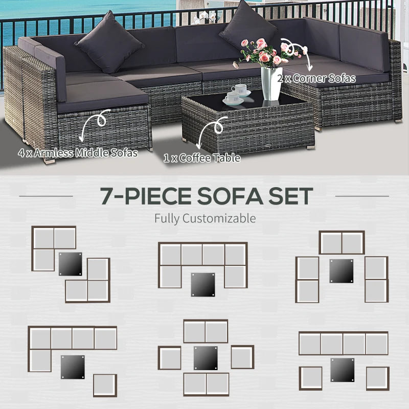 Outsunny 7pc Garden Wicker Sectional Set w/ Tea Table Patio Rattan Lounge Sofa with Cushion, Dark Grey