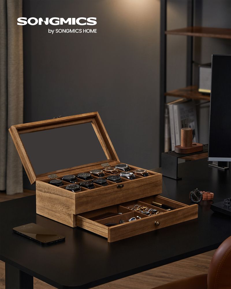 SONGMICS 8 & 12-Slot Watch Box with Large Glass Lid 