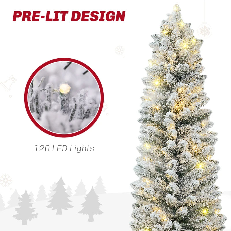 HOMCOM 5FT Prelit Pencil Christmas Tree with Warm White LED Lights, Slim Artificial Snow Flocked Xmas Tree with Metal Base 