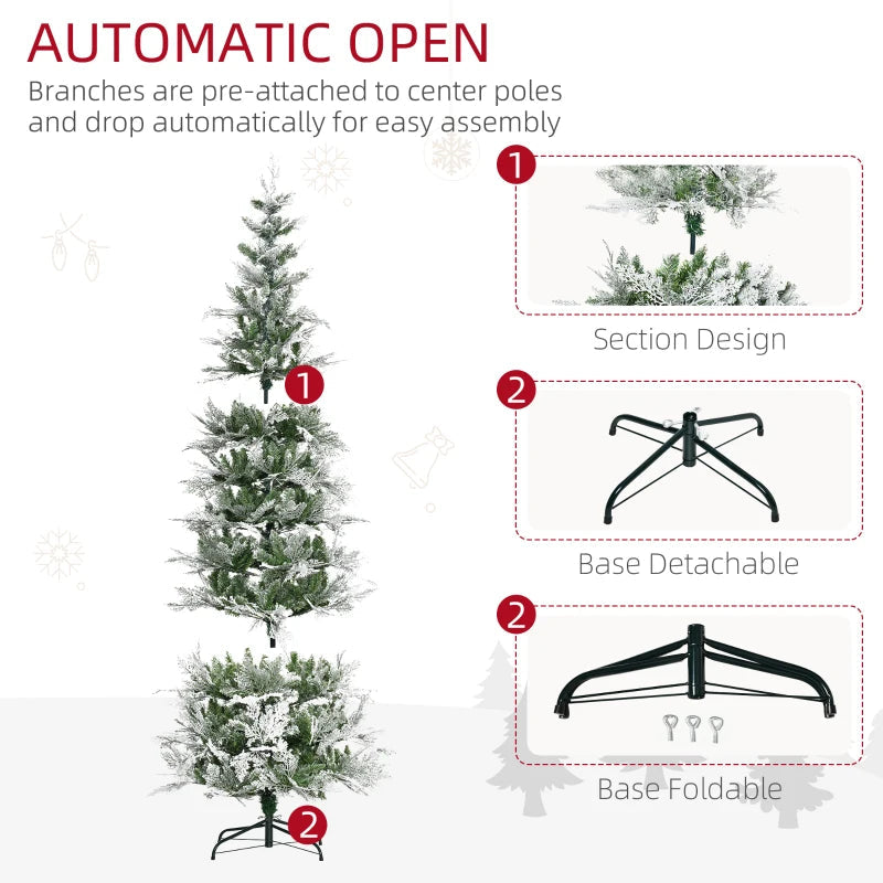 HOMCOM 7.5ft Pencil Snow-Flocked Artificial Christmas Tree – 880 Realistic Cypress Branches, Auto Open, Green 