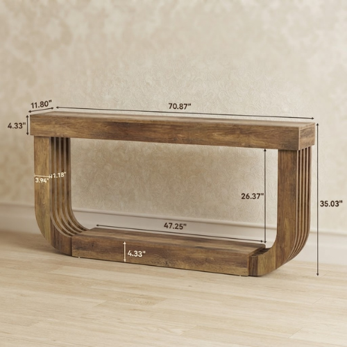 70.9" Console Table, 2-Tier Farmhouse Sofa Table with U-Shaped Pedestal, Rustic Brown Entryway Table