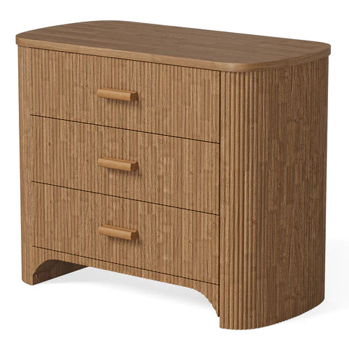 Nightstand 31.5" Oversized Bedside Table with 3 Drawers Mid-Century Modern Fluted Design Wide Storage Cabinet Brown Finish for Bedroom