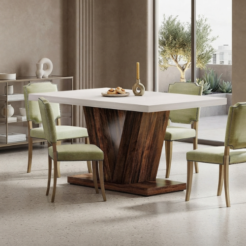 47" Farmhouse Dining Table, White & Oak Wooden Kitchen Table with Pedestal Base, 4–6 Seater