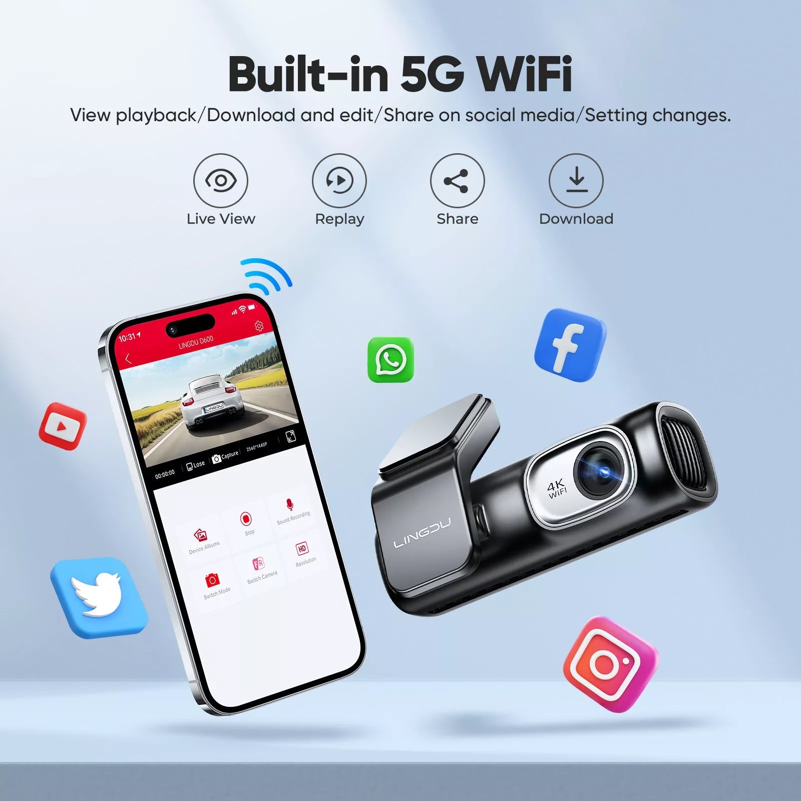 D600 4K Dash Cam Front and Rear, Free 64GB Card, Built-in 5G WiFi GPS Car Camera, Smart Voice Control, G-Sensor 24H Parking Mode, Loop Recording Night Vision, Max Up Support 128GB 