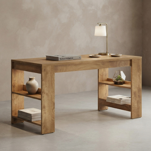 63" Kitchen Island, Large Home Bar Table with Double-Sided Storage Shelves, Rustic Wood-Grain Countertop
