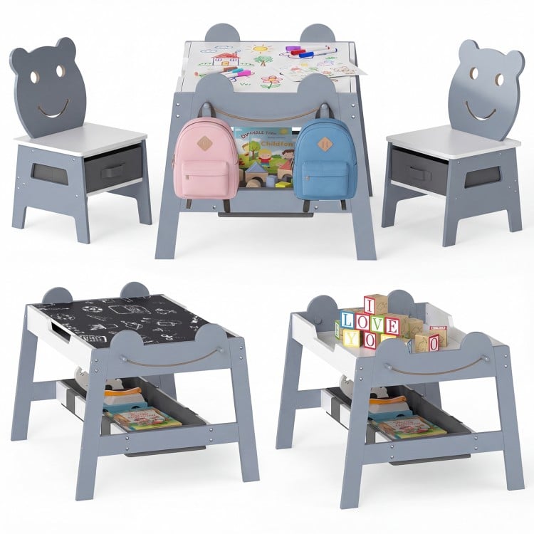 5-in-1 Toddler Table and 2 Chairs Cute Art Desk Set with Reversible Chalkboard Whiteboard-Grey