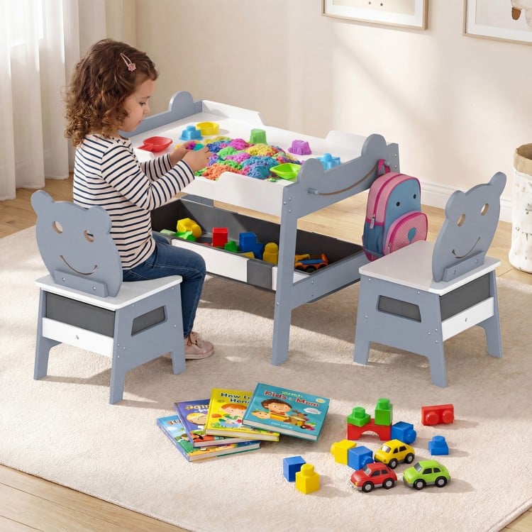 5-in-1 Toddler Table and 2 Chairs Cute Art Desk Set with Reversible Chalkboard Whiteboard-Grey