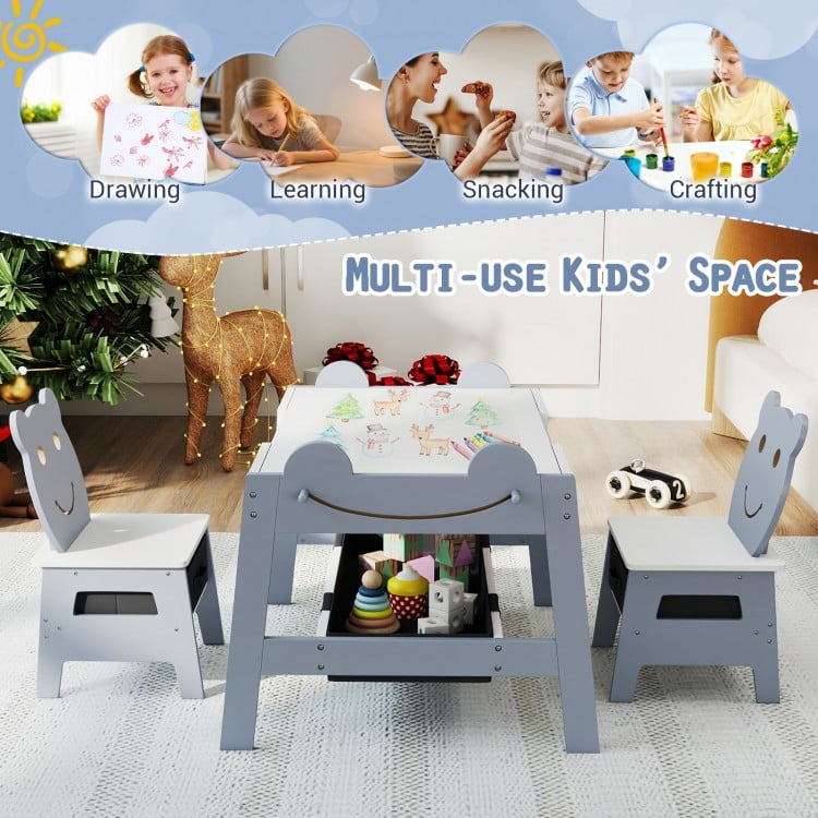 5-in-1 Toddler Table and 2 Chairs Cute Art Desk Set with Reversible Chalkboard Whiteboard-Grey