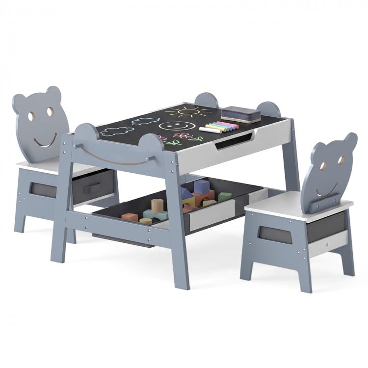 5-in-1 Toddler Table and 2 Chairs Cute Art Desk Set with Reversible Chalkboard Whiteboard-Grey