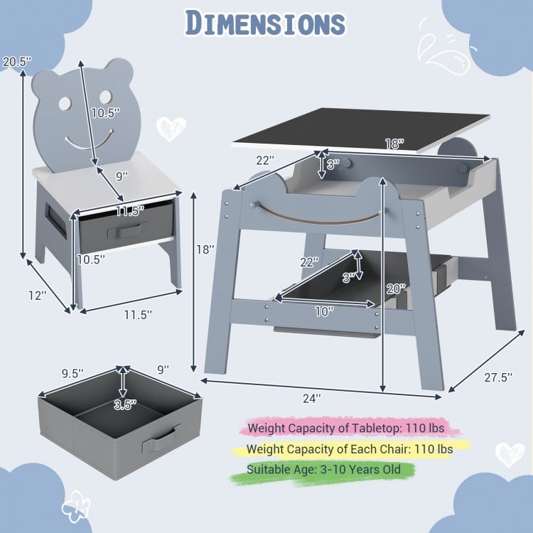 5-in-1 Toddler Table and 2 Chairs Cute Art Desk Set with Reversible Chalkboard Whiteboard-Grey