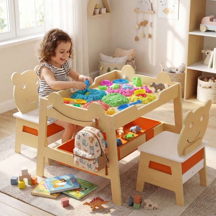 5-in-1 Toddler Table and 2 Chairs Cute Art Desk Set with Reversible Chalkboard Whiteboard-Natural