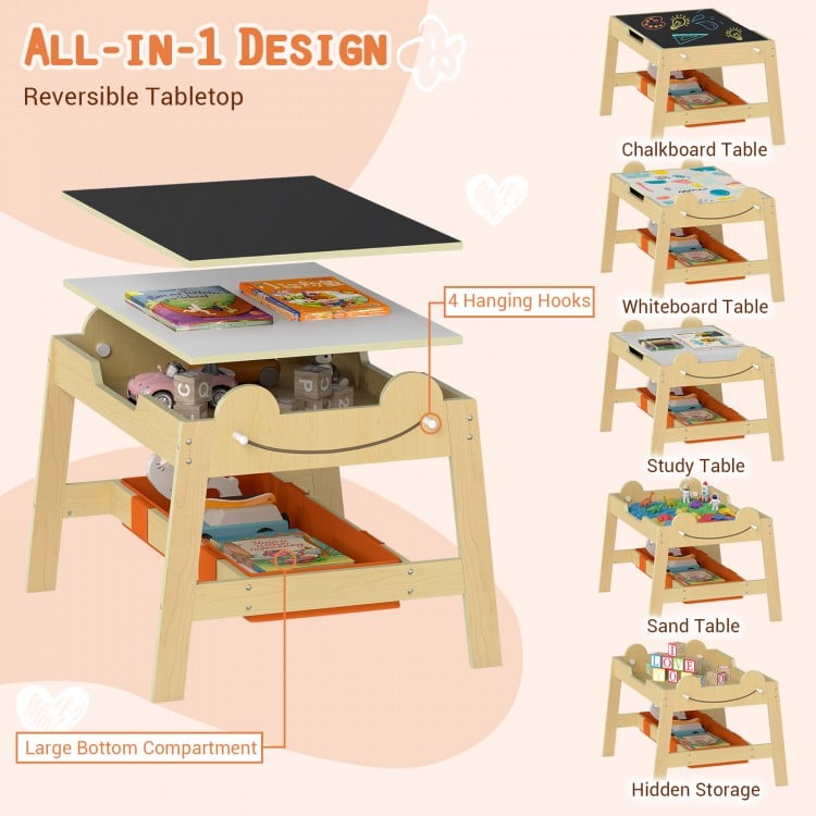 5-in-1 Toddler Table and 2 Chairs Cute Art Desk Set with Reversible Chalkboard Whiteboard-Natural
