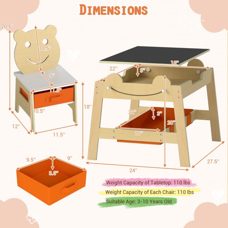5-in-1 Toddler Table and 2 Chairs Cute Art Desk Set with Reversible Chalkboard Whiteboard-Natural
