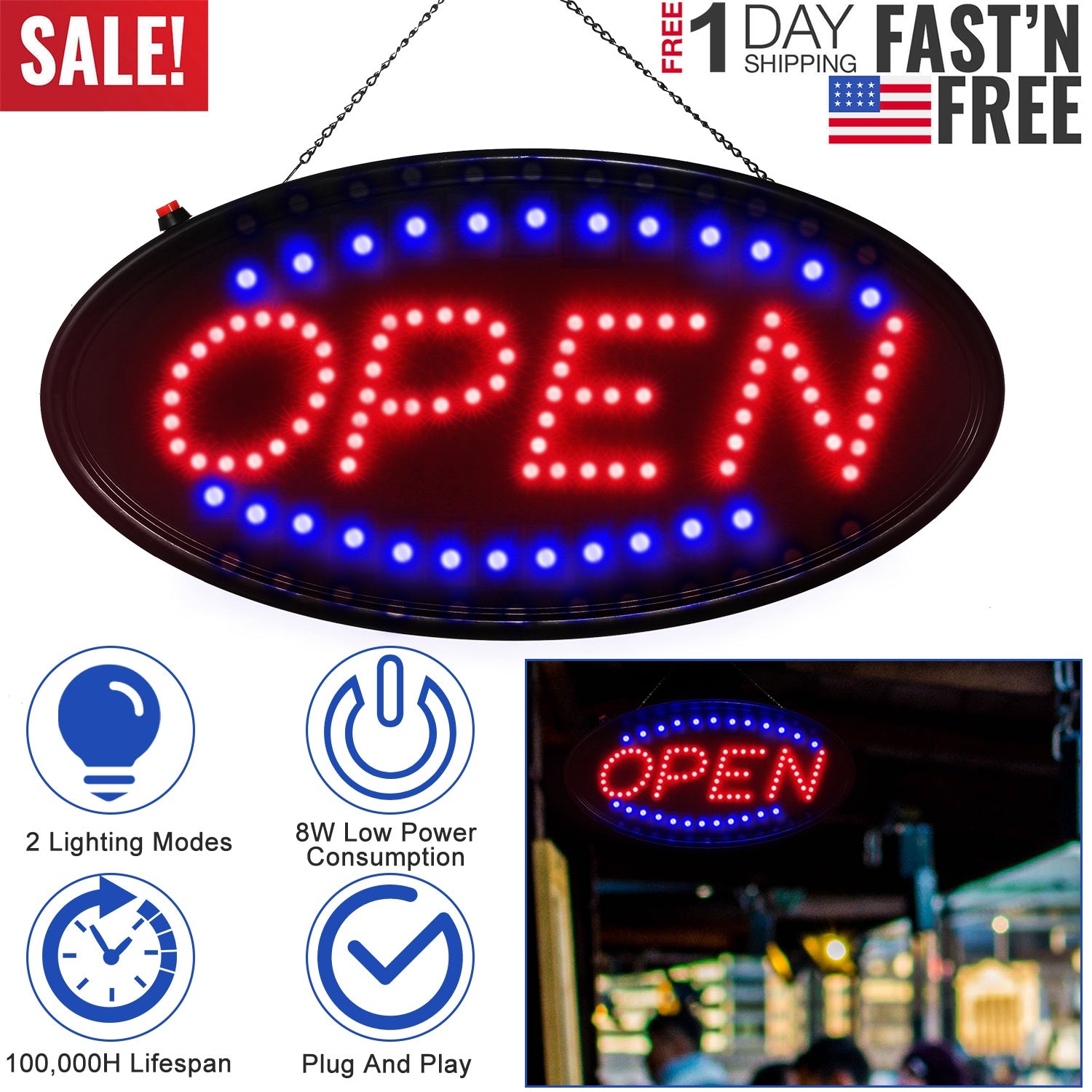 Ultra Bright LED Neon Open Sign Flash/Normal Lighting Store Business Sign Animated Motion