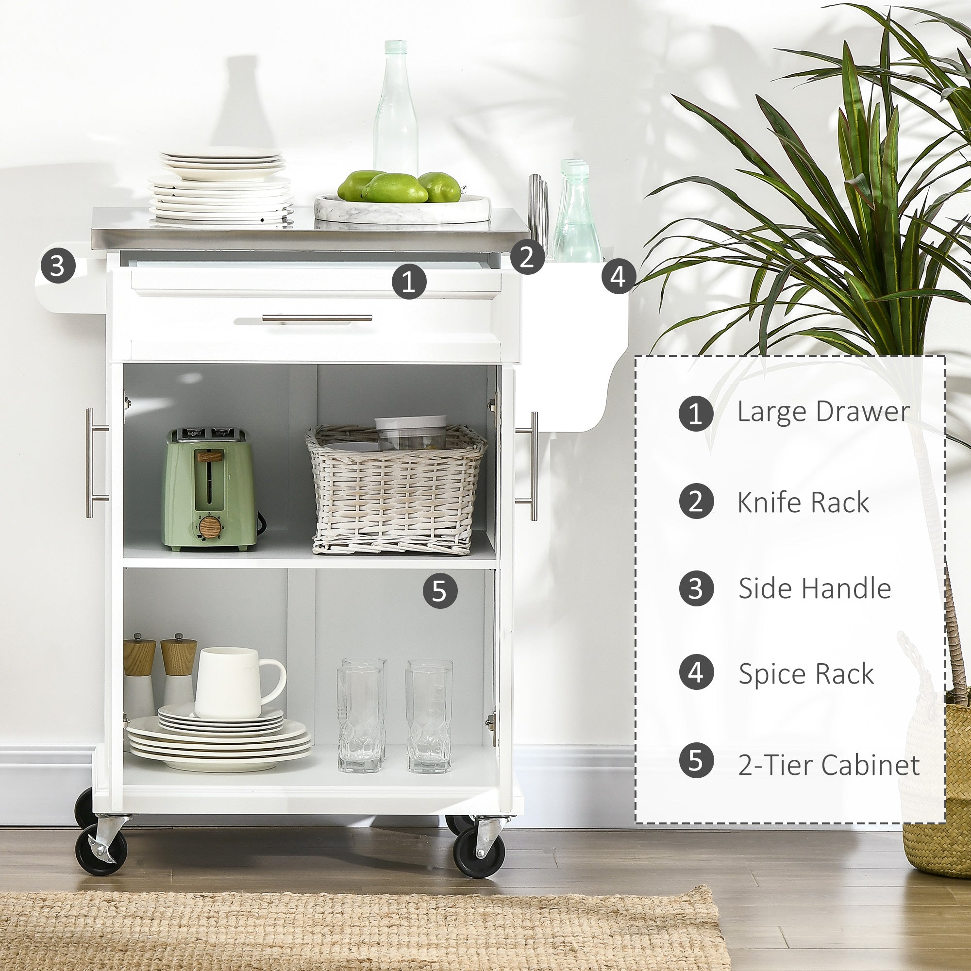 HOMCOM Kitchen Mobility: Rolling Serving Cart with Stainless Steel Top and Wheels, White Finish 