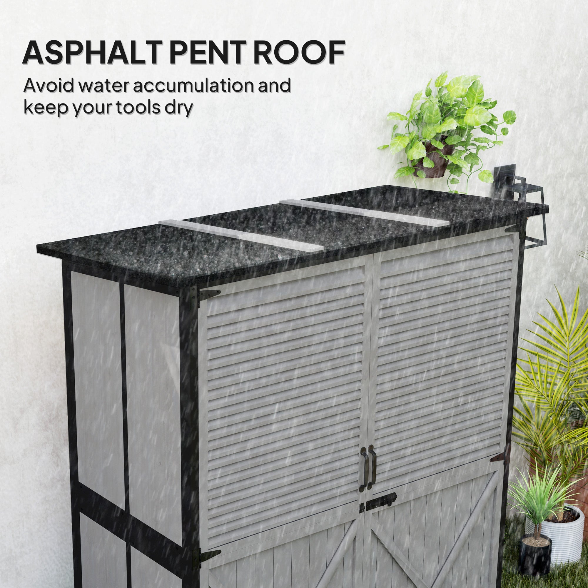 Outsunny Outdoor Storage Cabinet, Wood Garden Shed with Steel Frame, Asphalt Roof, 2 Shelves and Lockable Doors, Grey 