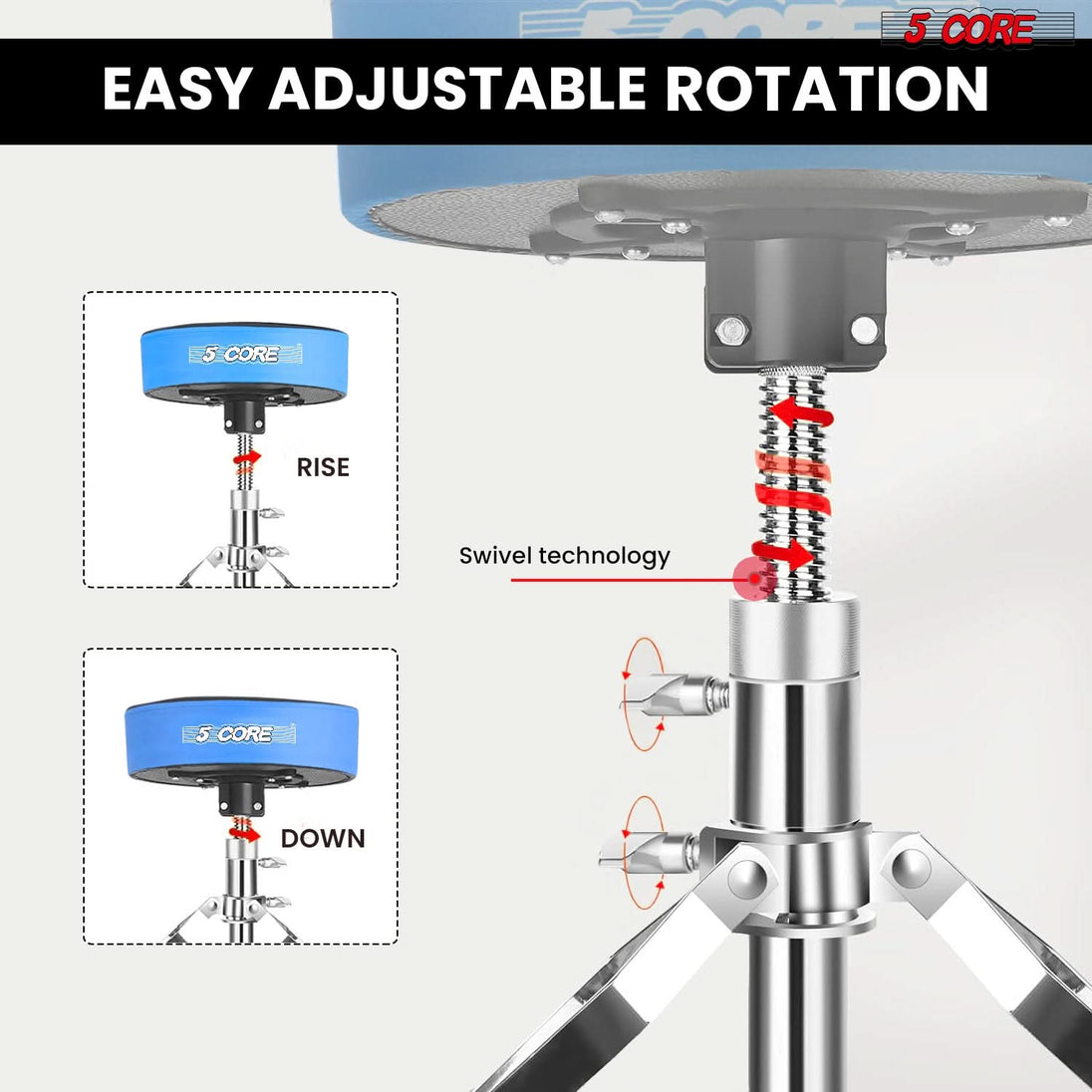 5Core Drum Throne Padded Guitar Stool Swivel Adjustable Drummer Seat Music Chair BLUE VELVET