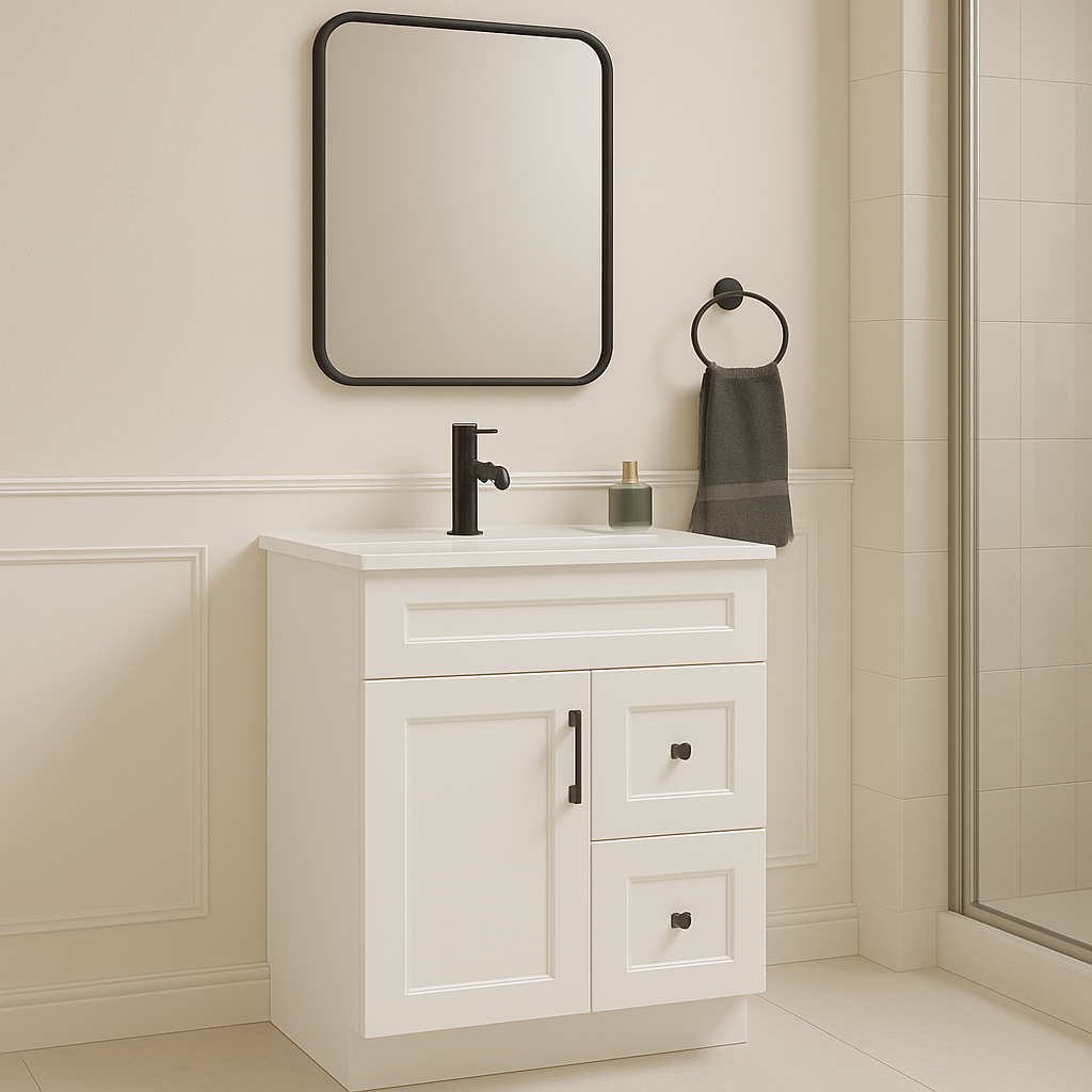 30-Inch Shaker Bathroom Vanity with Drawers — Left or Right | White or Gray | Plywood Cabinet, Solid-Wood Door, Soft-Close 3-Way Clip-On Hinges 