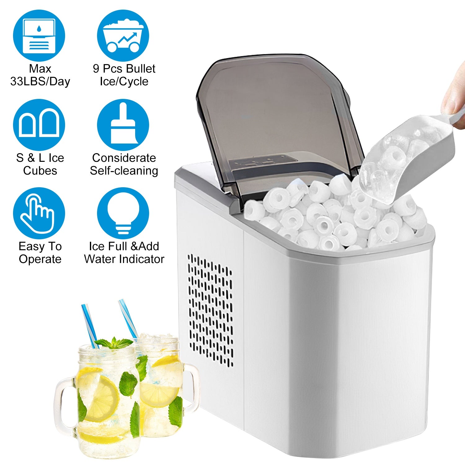 Electric Countertop Ice Maker with Ice Scoop Basket Self-cleaning Max 33LBS/24Hrs Ice Making Machine Bullet Ice Machine for Home Kitchen Office Party 