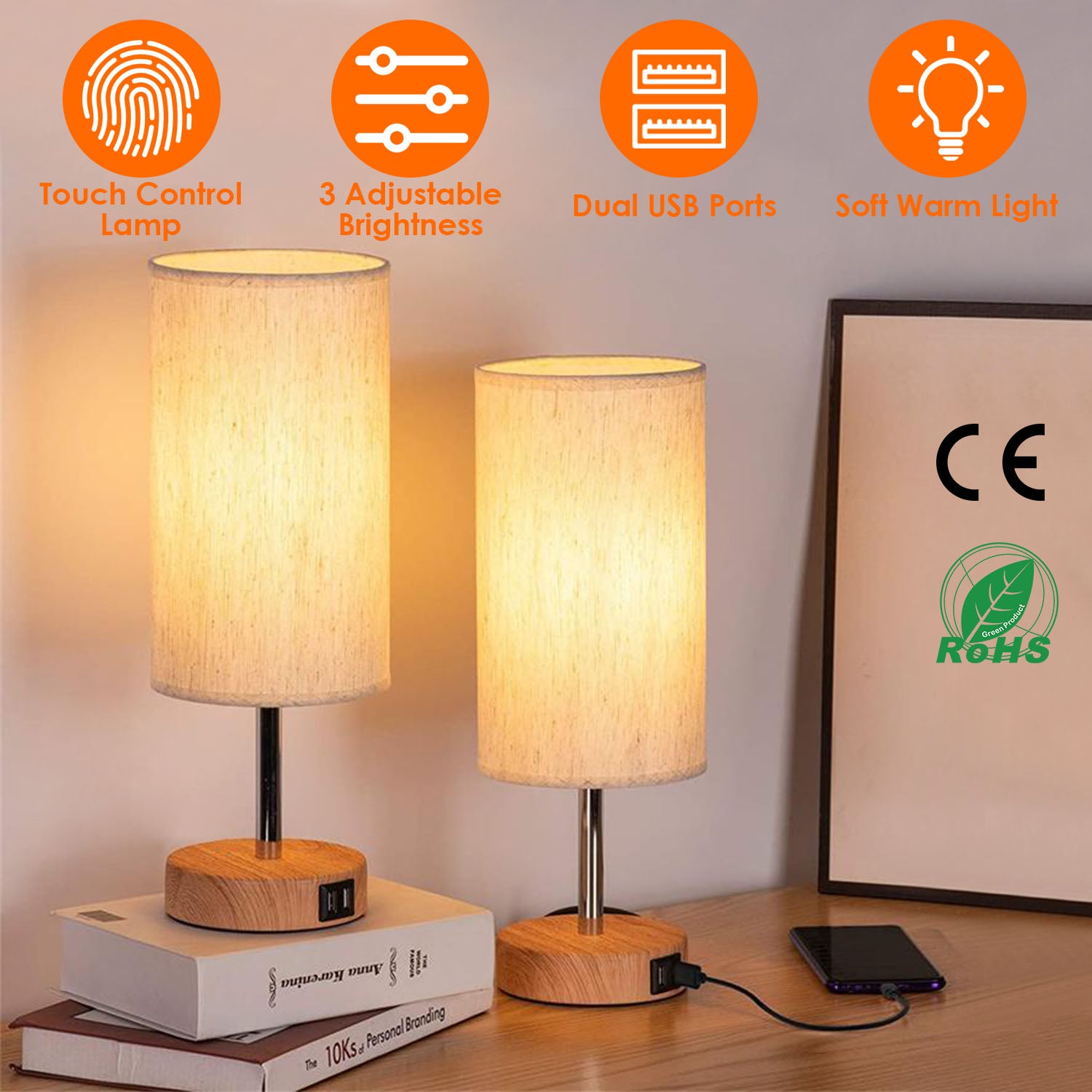 Touch Control Table Lamp 3-Way Dimmable Nightstand Beside Lamp for Bedroom Living Room Dual USB Ports LED Bulb Included