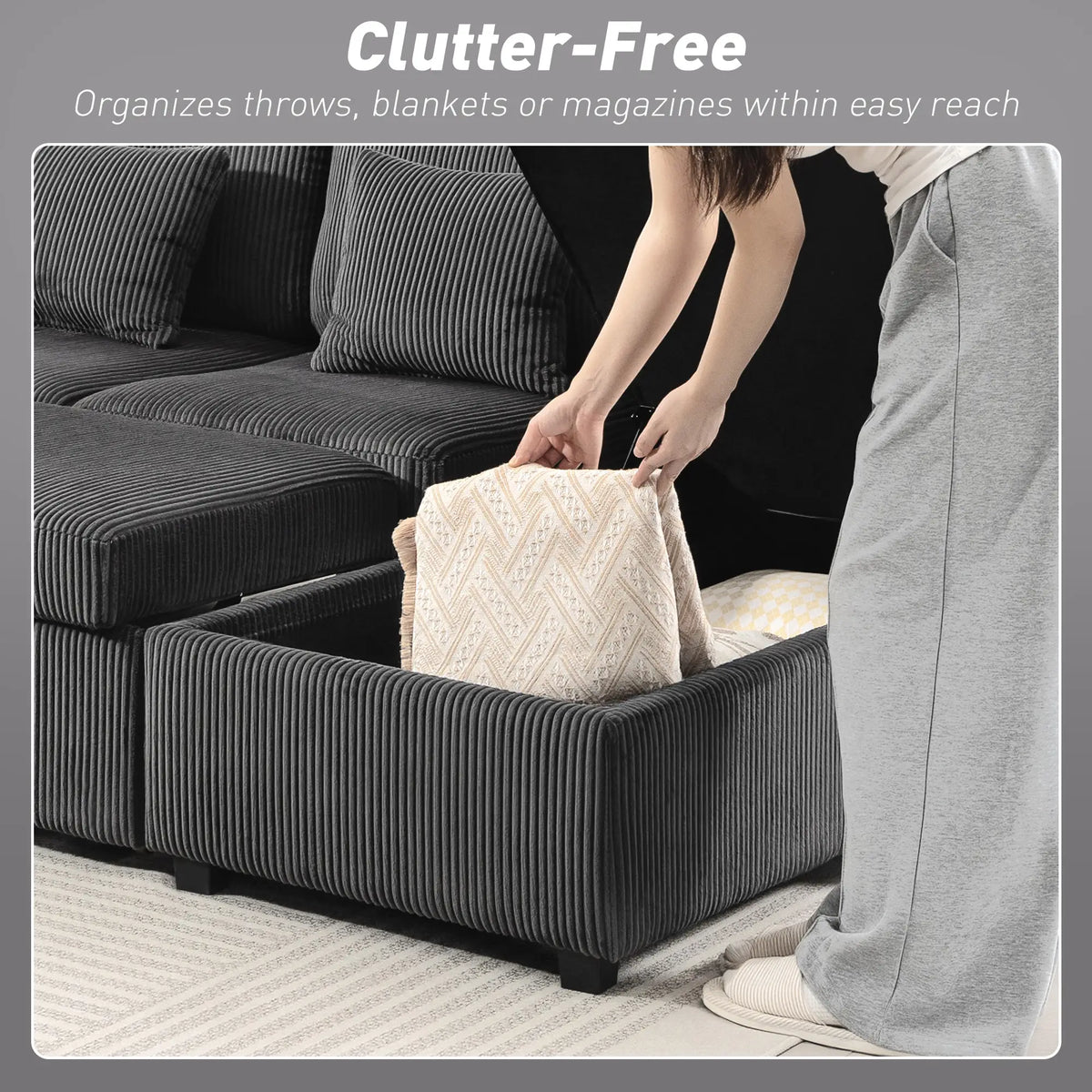 U-Shaped Pull-Out Sofa Bed with Dual Storage Chaise, Corduroy Sleeper Couch with Pillows, Dark Grey