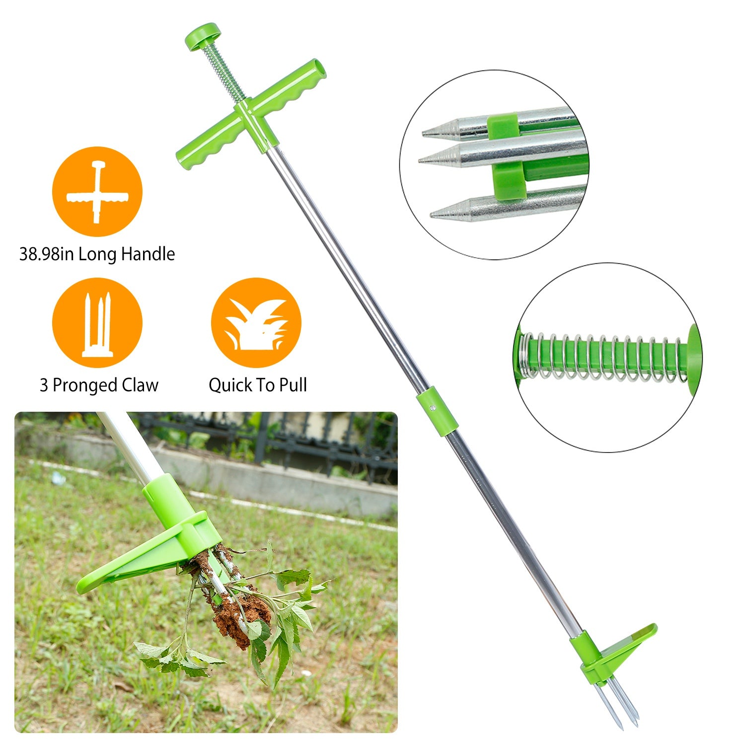 Weed Puller Twister Stand Up Root Removal Hand Tool 3 Claws Aluminum Grass Manual Remover 38.98in Long Handle w/ Foot Pedal