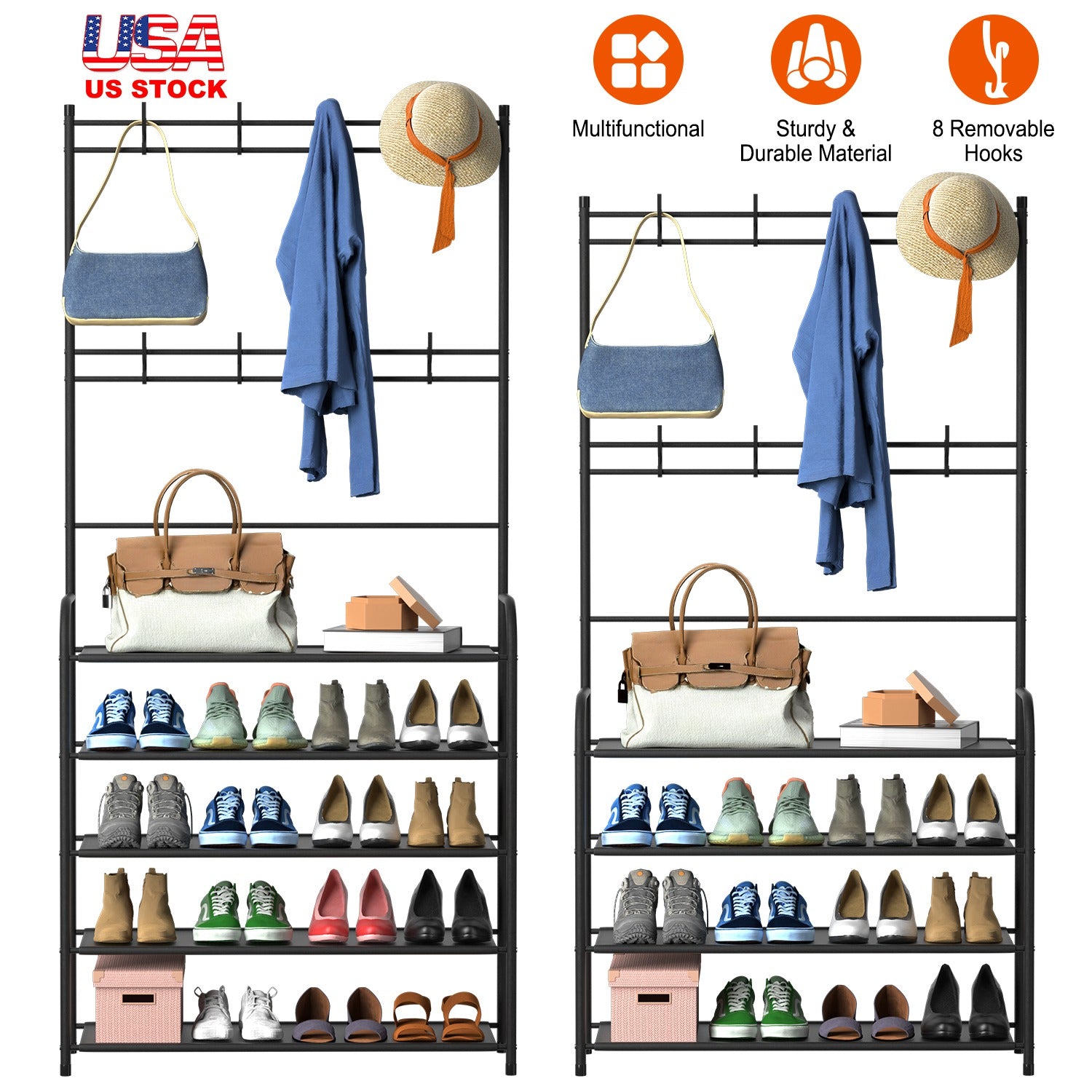 Entryway Coat Hat Rack Shoe Storage Shelf 4 Tier Shoe Rack Freestanding Hall Tree Garment Hanger Stand Clothes Shoe Organizer Combo 