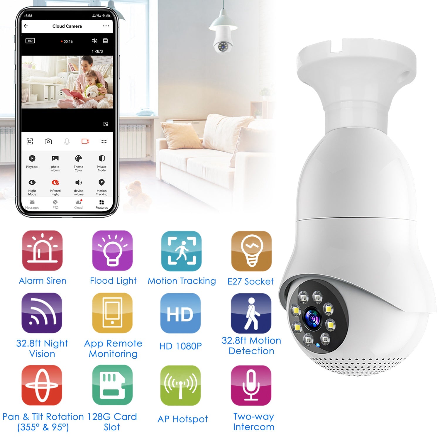 E27 WiFi Bulb Camera 1080P FHD WiFi IP Pan Tilt Security Surveillance Camera with Two-Way Audio Night Vision Flood Light Motion Tracking Siren Functio