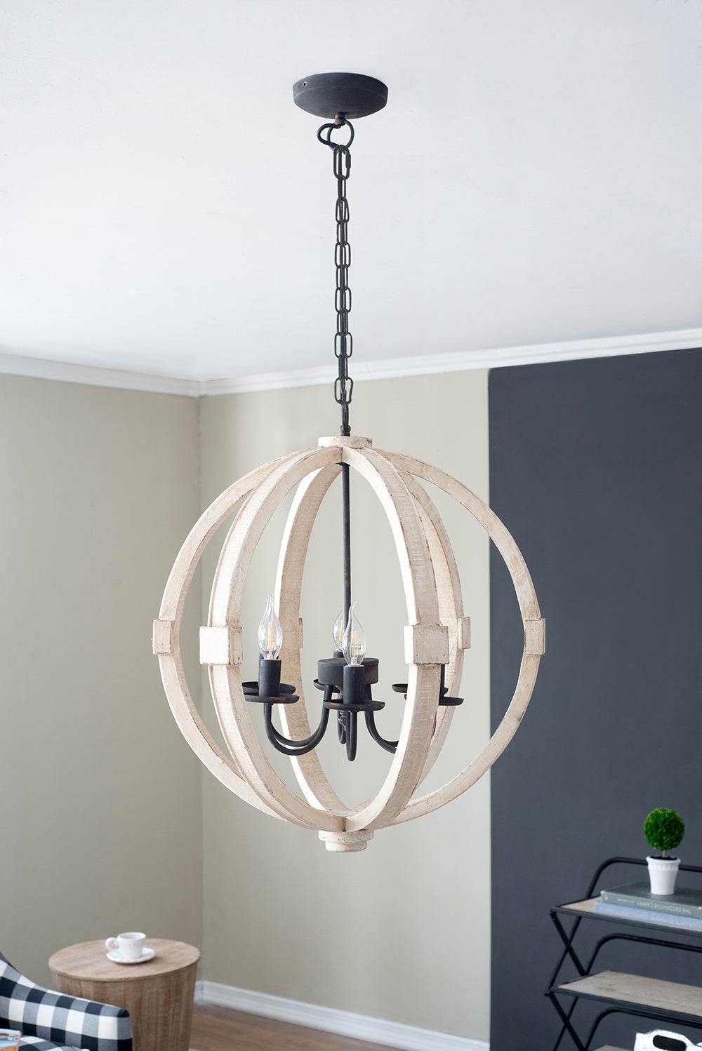 6 - Light Wood Chandelier With Adjustable Chain For Kitchen, Dining Hall Entrance, Bulb Not Included 