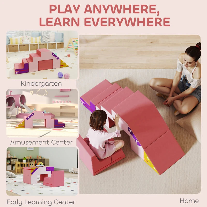 Qaba 2-Piece Climbing Foam Blocks for Toddlers with Detachable Cover, Indoor Climb and Crawl Activity PlaySet, Pink