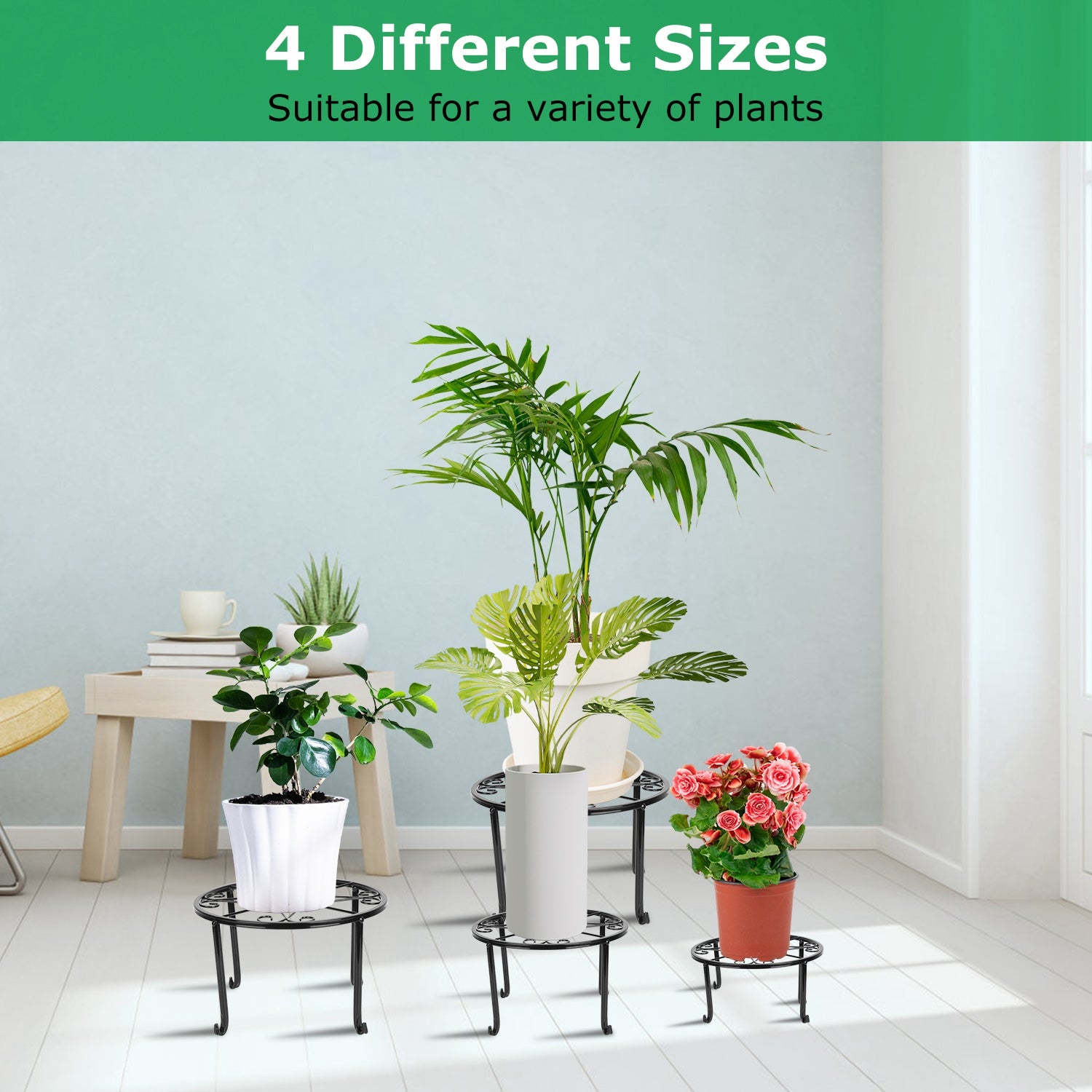 4Packs Iron Plotted Plant Stands Shelves Heavy Duty Round Flower Pot Holder Rack Home Yard Garden Patio Décor 