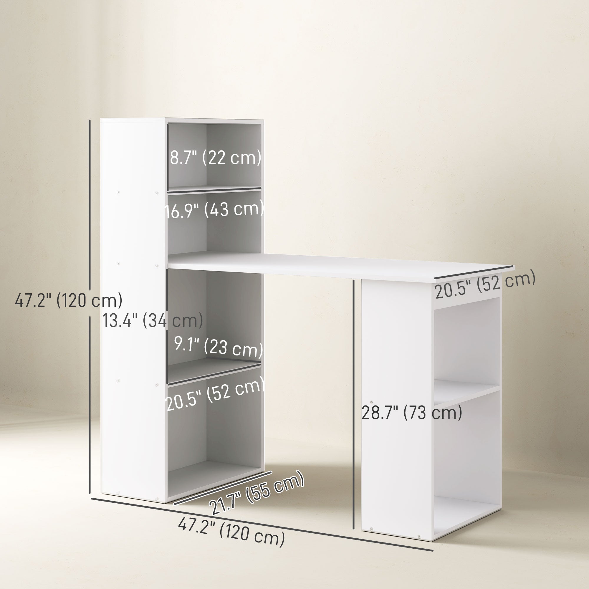 HOMCOM 6-Tier Compact Desk: Writing Table, Workstation & Bookshelf for Home Office Study in White 