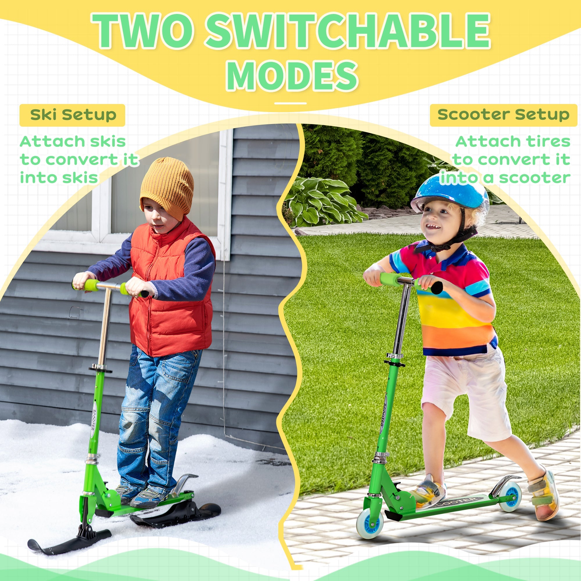 Qaba 2-in-1 Convertible All-weather Scooter Snow Street Amphibious w/ Wheels Blades Green 