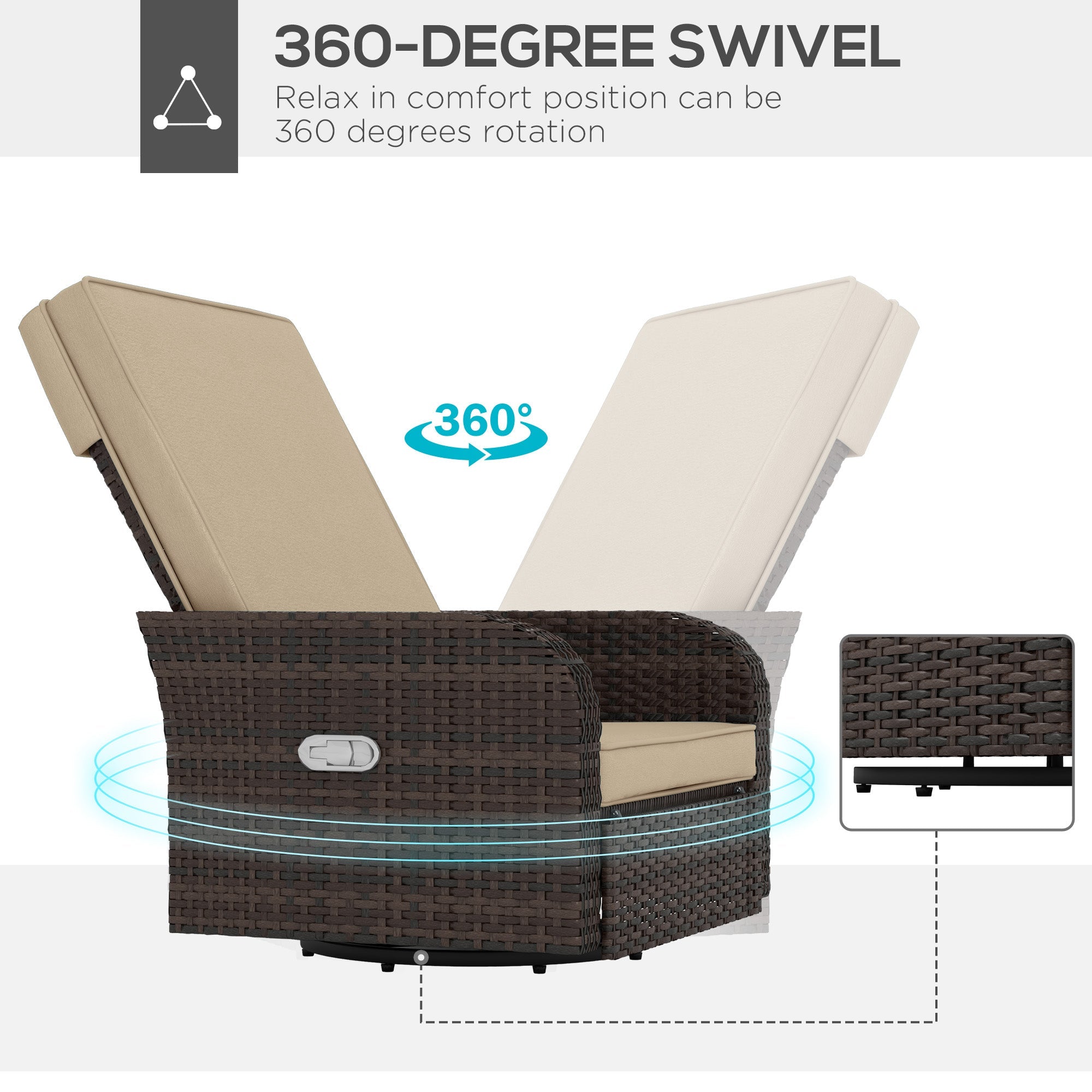 Outsunny Wicker Swivel Chair w/ Cushion, Patio Recliner Chair, Khaki 