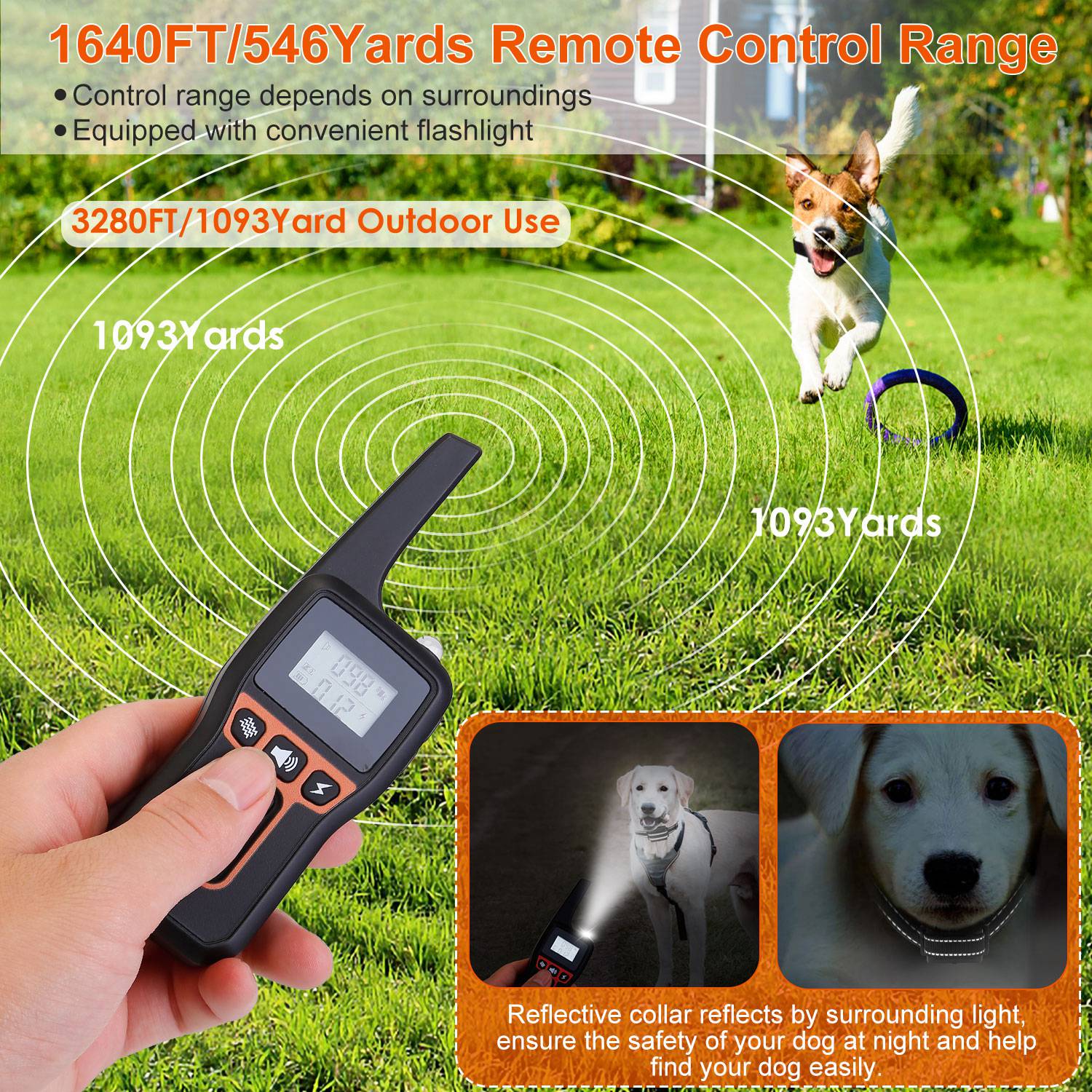 3280FT Dog Training Collar IP67 Waterproof Pet Beep Vibration Electric Shock Collar 3 Channels Rechargeable Transmitter Receiver Trainer with Flashlig