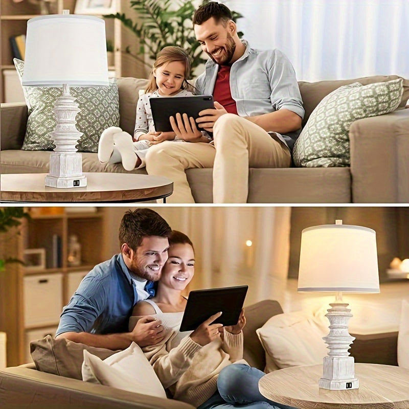 Set of 2 Bedside Table Lamps – Farmhouse Style with Dual USB Ports, White Fabric Shade & 3-Color Mode Bulbs – Perfect for Nightstands, Bedrooms, or Living Rooms 