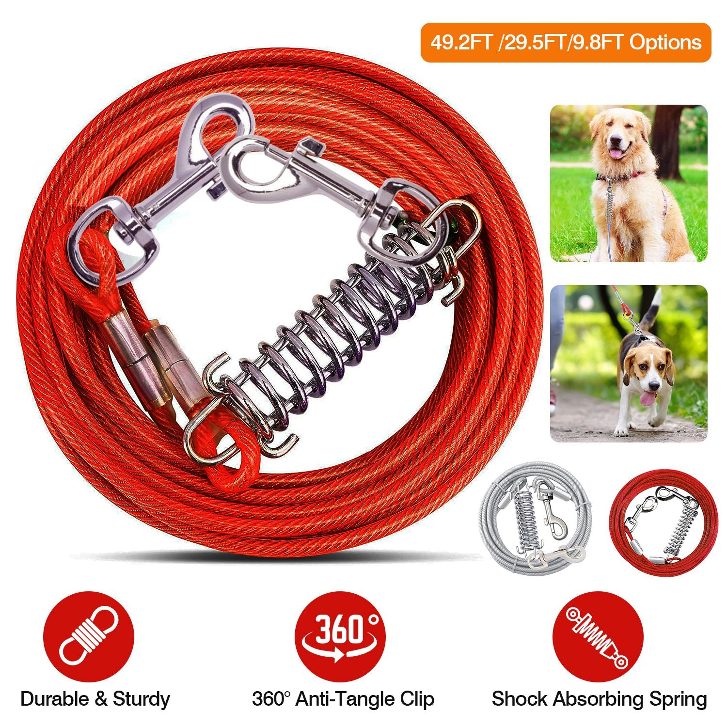 49.2FT Dog Tie Out Cable Long Dog Leash Chew Proof Lead Dog Chain with Durable Spring 360° Rotatable Clips PVC Case for Outside Yard Caming