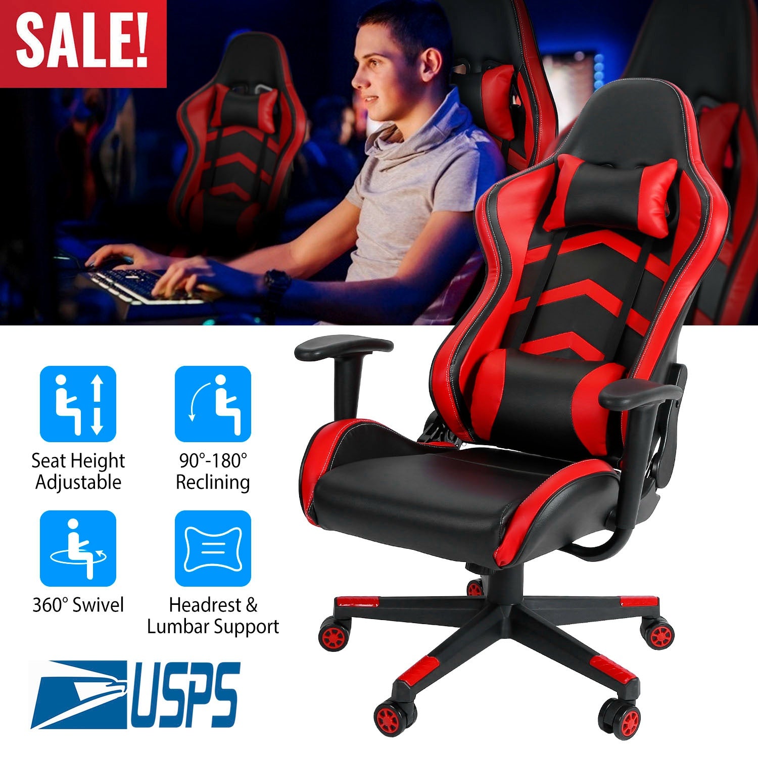 Gaming Racing Chair Ergonomic PC Computer Chair E-Sports Gamer Office Task Swivel Chair w/ Height Adjustment Headrest Lumbar Support 265lbs Load Capac