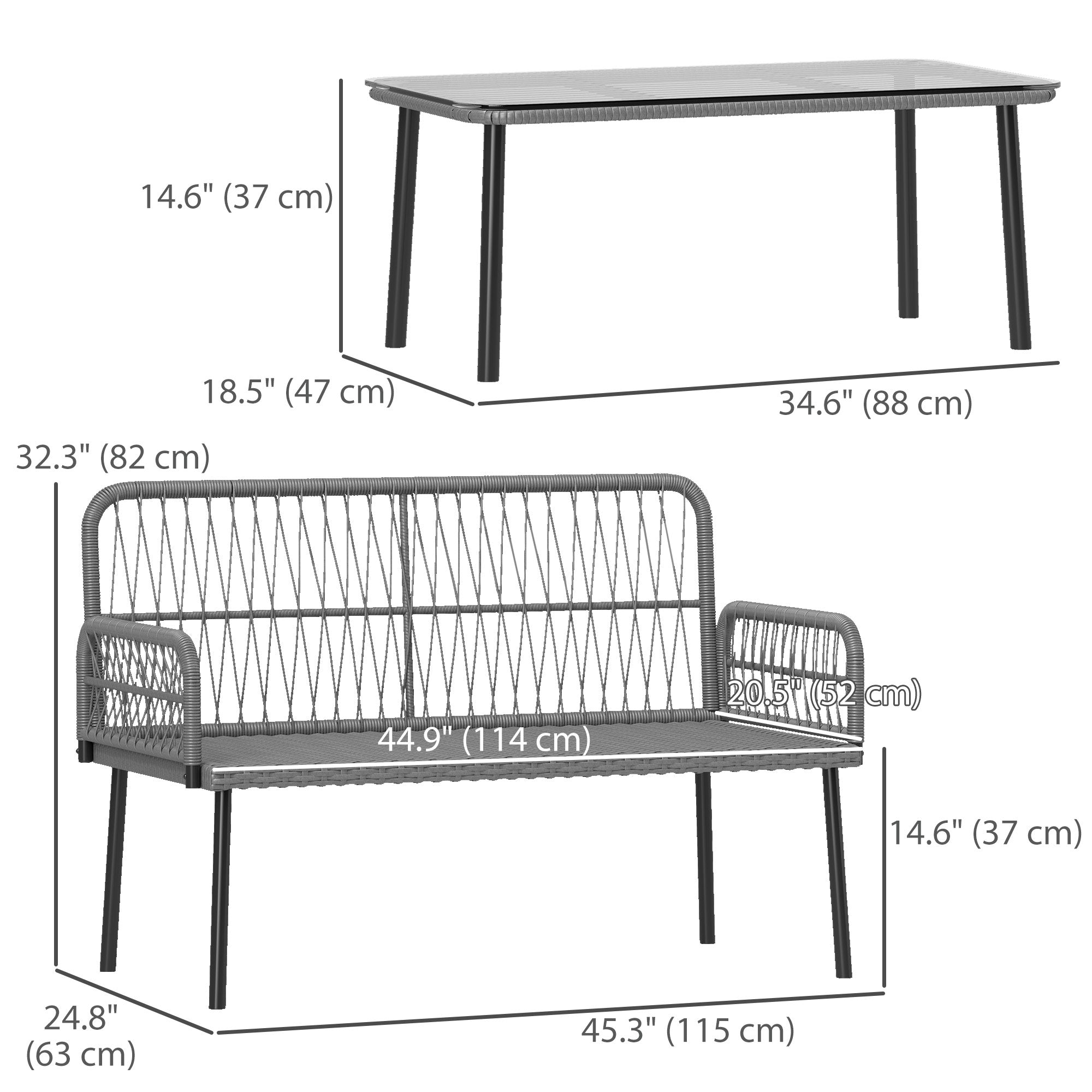 Outsunny 2 Pieces Wicker Patio Furniture Set, Small Patio Seat with Outdoor Loveseat, Glass Top Table and Cushions, Light Grey 